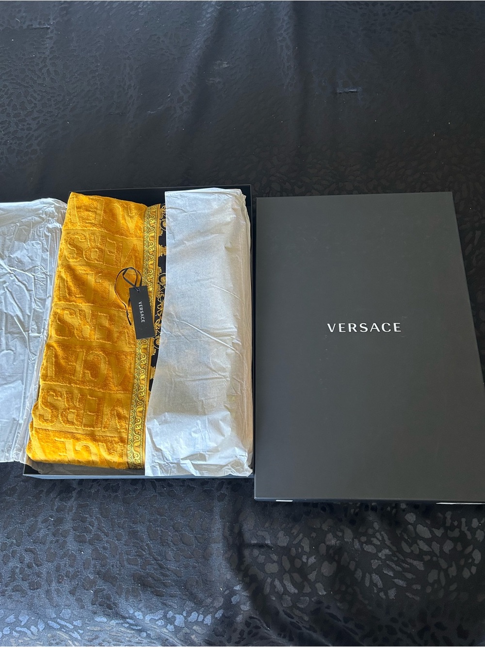 *NWT* Versace Gold and Black Logo Towel with Ornate Border